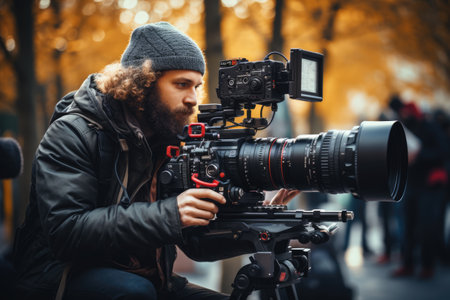male photographer or videographer with a professional cameraの素材