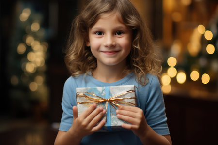 Baby girl holding a gift in her handsの素材