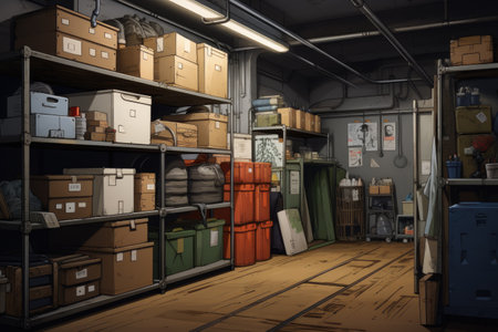 cardboard boxes on shelves in storage roomの素材