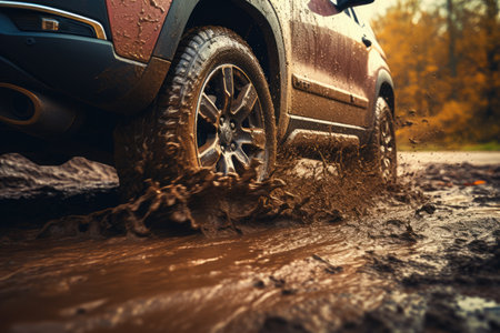 SUV wheels on off-road in mud close-up.の素材