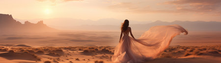 Woman in a chic dress in the desert. horizontal bannerの素材