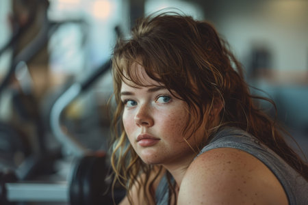 Overweight fat woman in gymの素材
