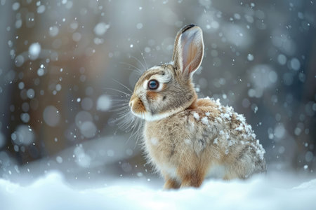 Brown fluffy hare in the snowの素材