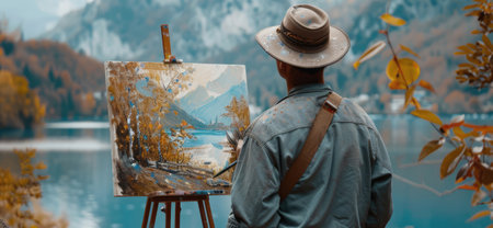 Male artist with an easel on the river bank paints a pictureの素材
