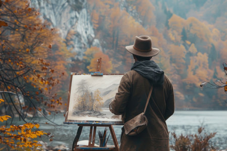 artist paints a picture outdoors with an easelの素材