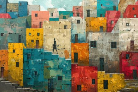 Colorful houses with steps in drawing styleの素材