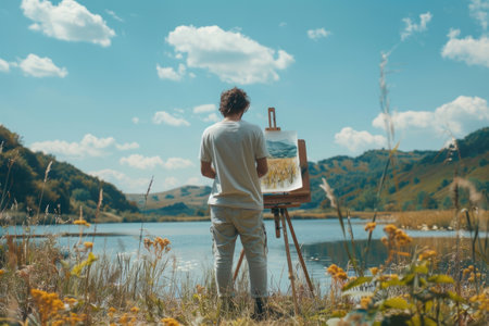 Male artist with an easel on the river bank paints a pictureの素材