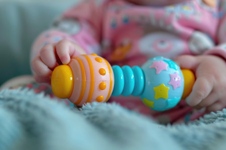 baby playing with a colored rattleの素材