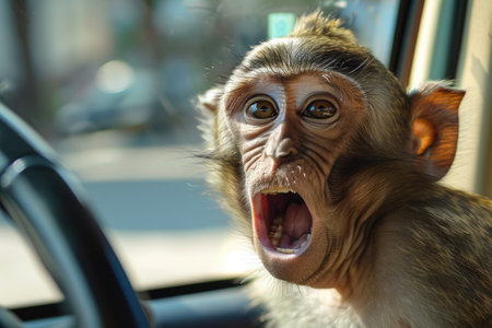 Monkey driver screams in the carの素材