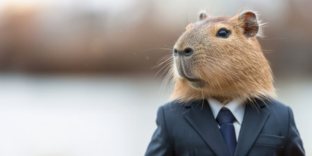 Business capybara in human suit. Copy space for text. horizontal bannerの素材