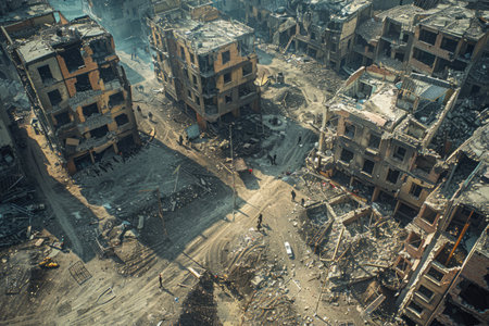 City destroyed by war from a bird's eye viewの素材