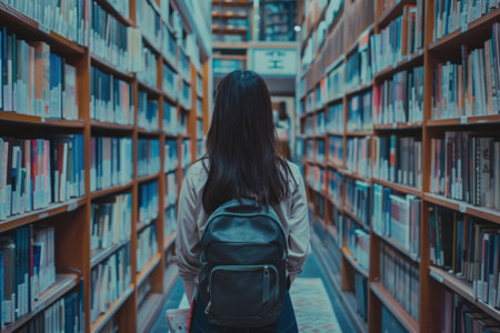 Schoolgirl in the library chooses a bookの素材