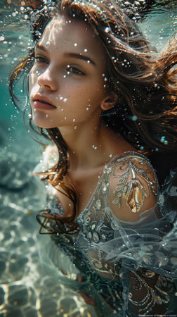 Beautiful mermaid girl with long hair underwaterの素材