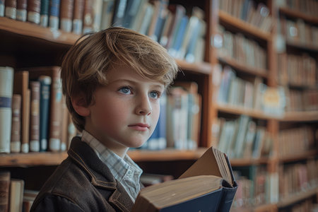 Schoolboy boy in the library against the background of bookcasesの素材