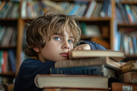 Boy child in the library at the tableの素材