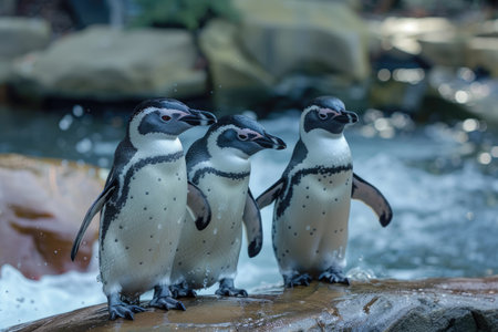Penguins walk on the snow along the shoreの素材