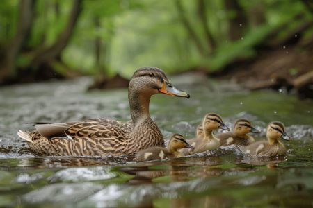 Mother duck with funny ducklings in the pondの素材