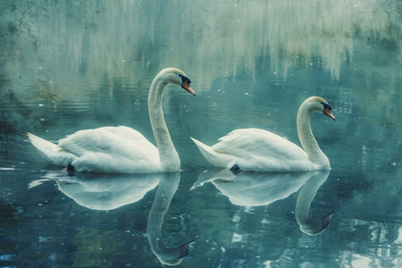 Romantic couple of white swans on the lakeの素材