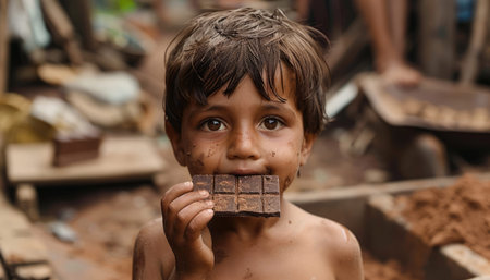 Hungry beggar homeless child eating chocolate barの素材
