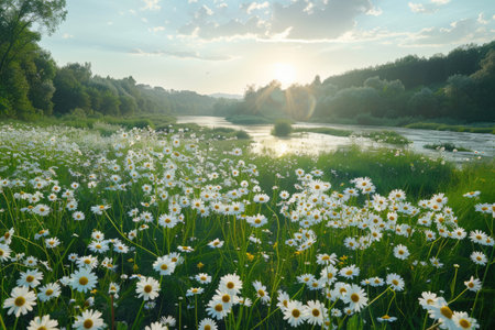 Field of daisies in a clearing in a mountain valleyの素材