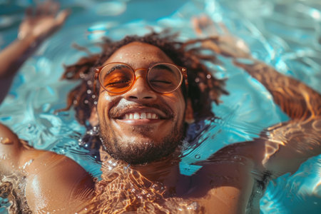 Young man relaxing in the pool at the resortの素材
