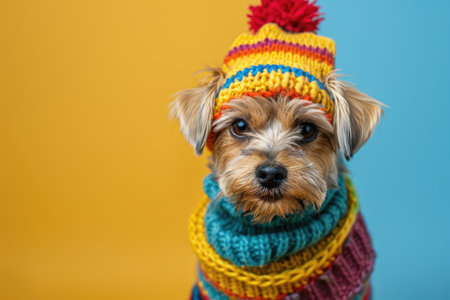 Funny dog dressed in warm knitted clothesの素材