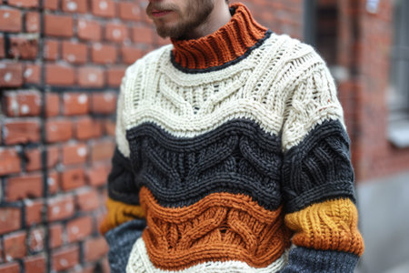 Man in knitted warm woolen sweater on the streetの素材
