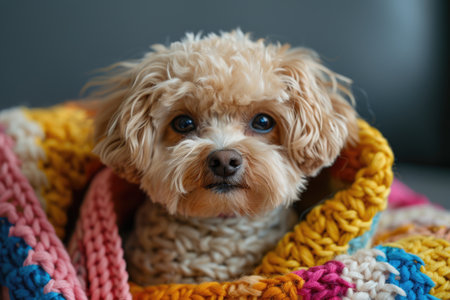 Funny dog wrapped in a warm knitted blanketの素材
