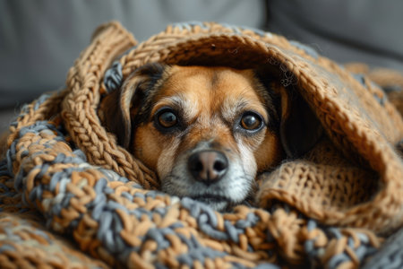 Funny dog wrapped in a warm knitted blanketの素材