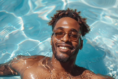 Young man relaxing in the pool at the resortの素材
