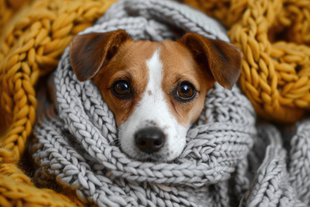 Funny dog wrapped in a warm knitted blanketの素材