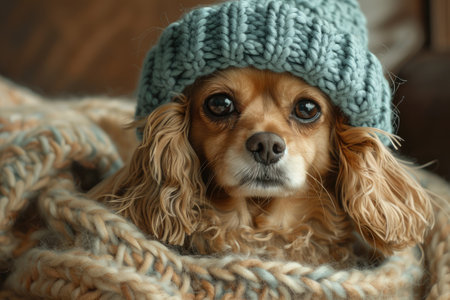 Funny dog wrapped in a warm knitted blanketの素材