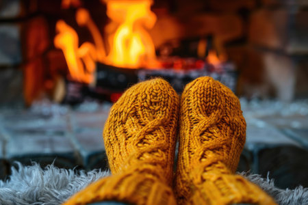 Feet in woollen socks near Christmas fireplaceの素材