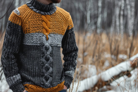 Man in knitted warm woolen sweater on the streetの素材