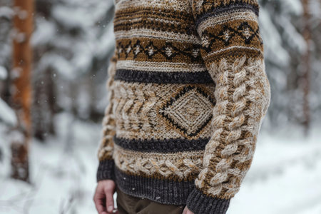 Man in knitted hand-made warm woolen sweaterの素材