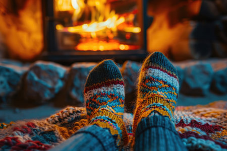 feet in warm knitted socks by the fireplaceの素材