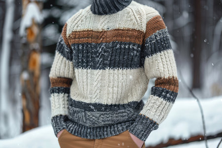 Man in knitted hand-made warm woolen sweaterの素材