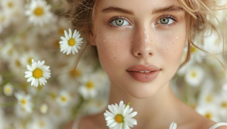 Girl with chamomile flower, organic natural cosmeticsの素材