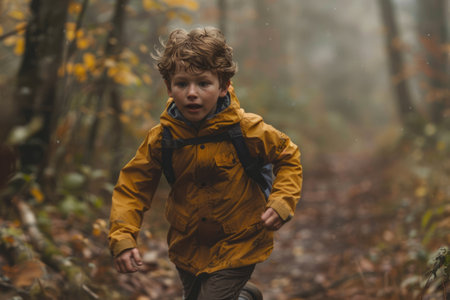 Frightened child boy runs through the forestの素材