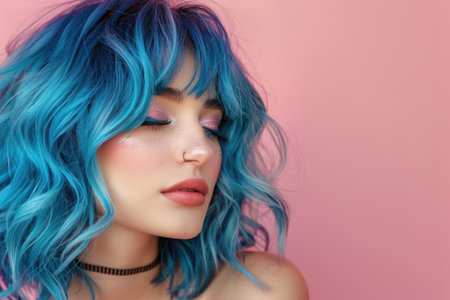 Stylish girl with blue hair on a pink backgroundの素材