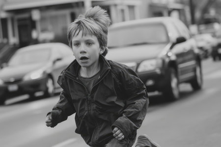 frightened boy runs away down the street. black and white tragicの素材