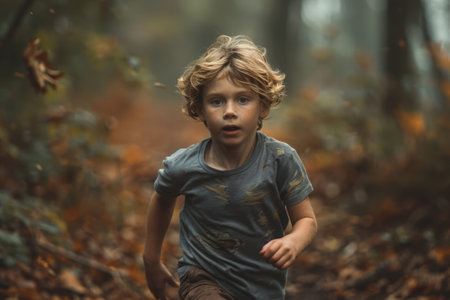 scared boy running through the forestの素材