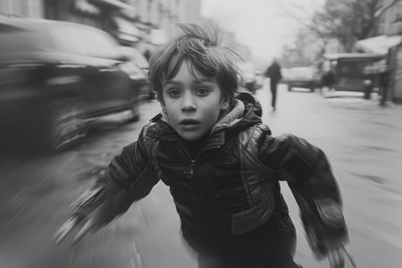 Frightened child boy running down the streetの素材