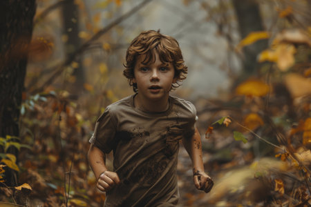 scared boy running through the forestの素材