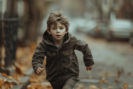 Scared boy running down the streetの素材