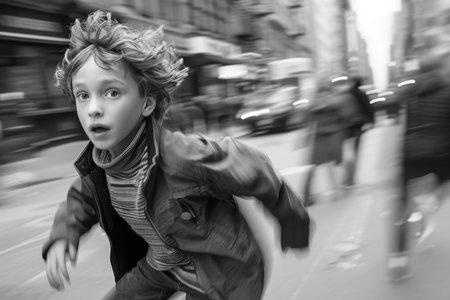 frightened boy runs away down the street. black and white tragicの素材