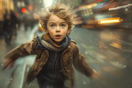 Scared boy running down the streetの素材