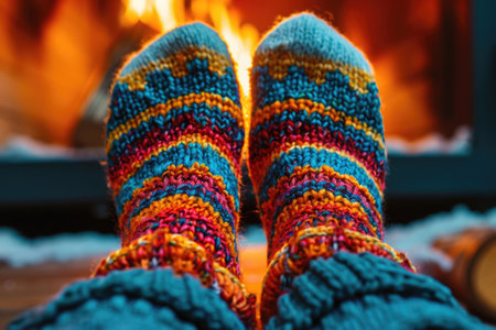 Feet in woollen socks near Christmas fireplaceの素材