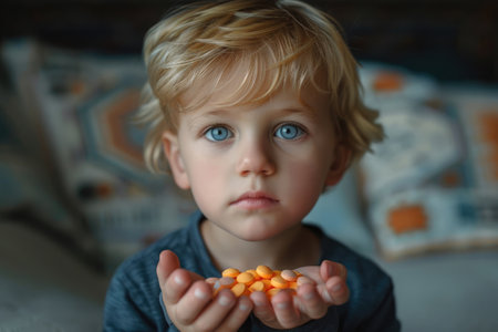 Sick little boy holding pillsの素材