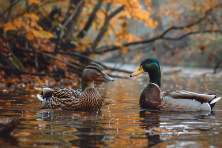 pair of ducks in love swims in the lakeの素材